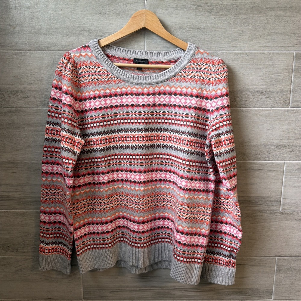 Talbots Medium Fair Isle Knit Sweater Pink Orange Nordic Pattern Crew Neck Cozy
